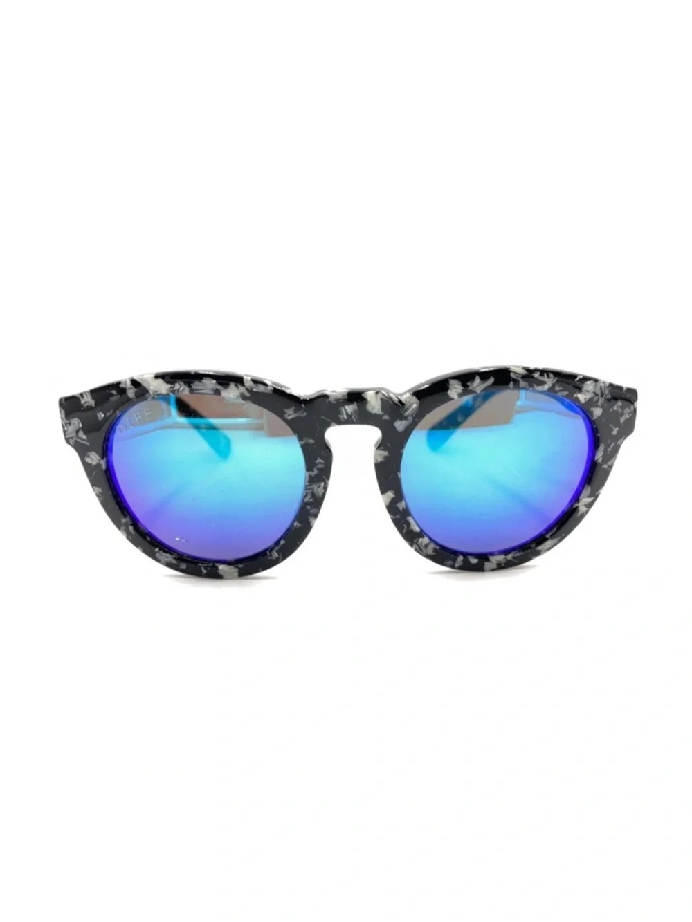 Diff Eyewear Dime II Black White Round Horn Sunglasses Mirrored Blue Brown Lens